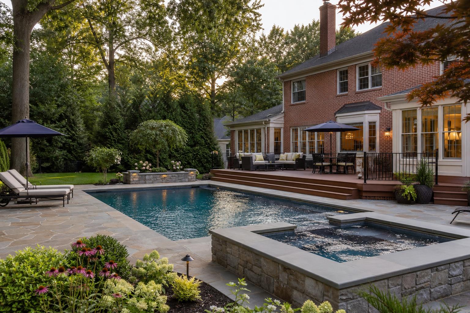 A landscaped backyard with a swimming pool and attached spa beside a large brick house, with patio seating and garden lighting at dusk.