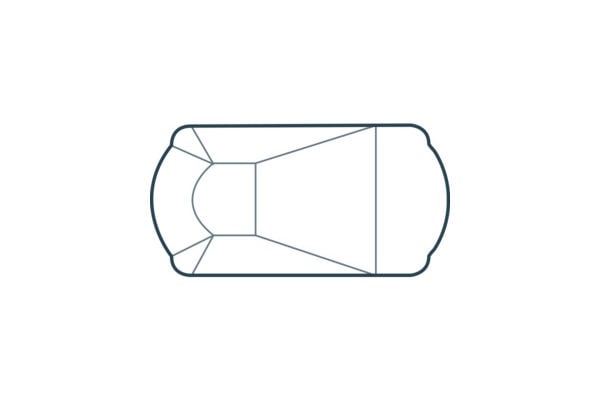 Top-down schematic diagram of a Roman steel wall vinyl liner pool featuring a rectangular body with dual arched end walls, an integrated shallow-end step alcove, and floor transition slope lines.
