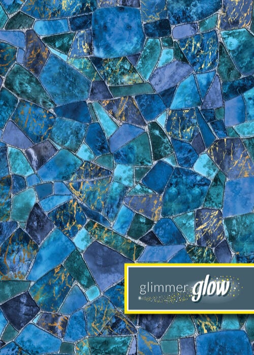 Close-up view of a vinyl pool liner pattern featuring an irregular flagstone or cracked-glass design in shades of deep blue, teal, and aqua, with shimmering gold veins and silver grout lines throughout.