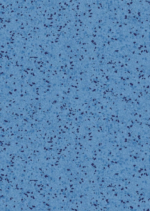 Close-up view of a vinyl pool liner pattern featuring a light blue background speckled with small, dark navy blue flakes and textured stone chips.