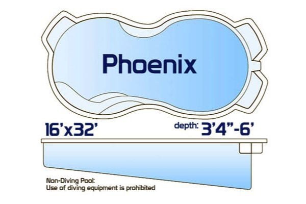 Phoenix non-diving fiberglass freeform pool measuring 16' x 32' with a depth ranging from 3'4" to 6', shown with a top-down layout and side profile.