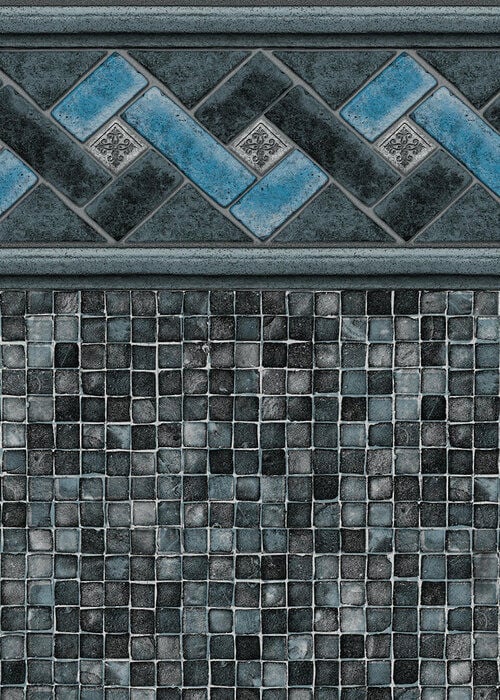 Close-up view of a vinyl pool liner pattern featuring a herringbone tile border in charcoal stone and bright blue accents with metallic silver square medallions, set above a wall of small square mosaic tiles in slate grey, charcoal, and blue tones.