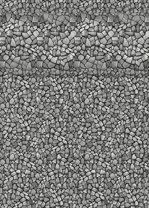 Close-up view of a vinyl pool liner pattern featuring a natural stacked flagstone border at the top over a field of fine grey stone pavers.
