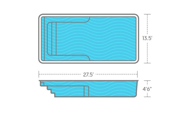Architectural design schematic and side elevation profile of the Thursday Pools Lil Bob rectangular fiberglass pool measuring 13.5 feet wide by 27.5 feet long with a uniform depth of 4 feet 6 inches.