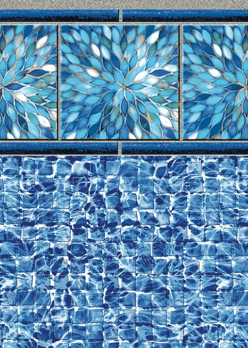 Close-up view of a vinyl pool liner pattern featuring a border of large square tiles with aqua, blue, and gold starburst mosaic medallions, set above a wall of blue square mosaic tiles with shimmering water reflections.