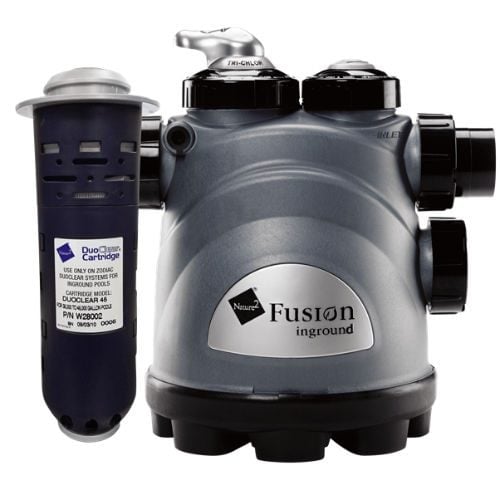 Studio product view of a grey Nature2 Fusion In-Ground pool sanitizer unit alongside an interchangeable mineral replacement cartridge against a plain background.