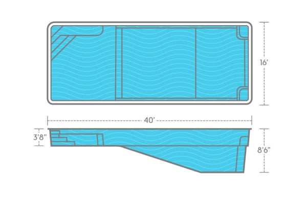 Diagram of a rectangular swimming pool, 40 feet long, 16 feet wide, with dimensions and a set of steps.