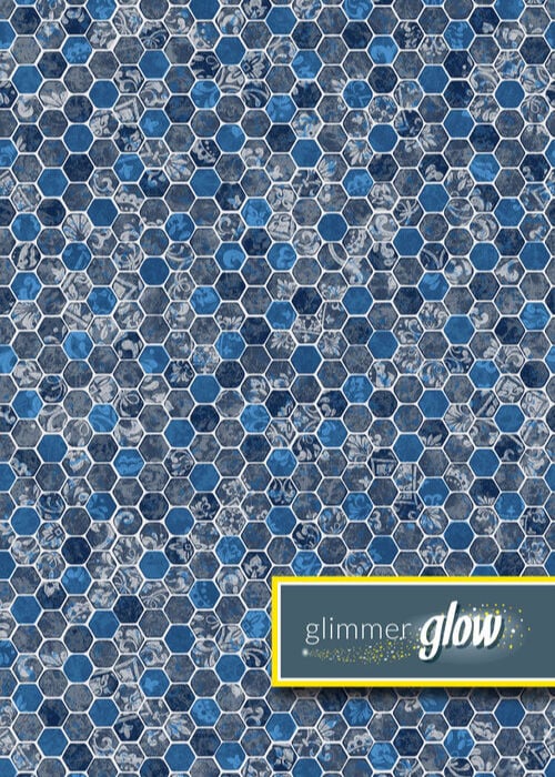Close-up view of a vinyl pool liner pattern featuring a honeycomb hexagon mosaic design in blue, slate, and grey tones, with intricate damask and floral prints inside individual tiles and a light shimmer effect.