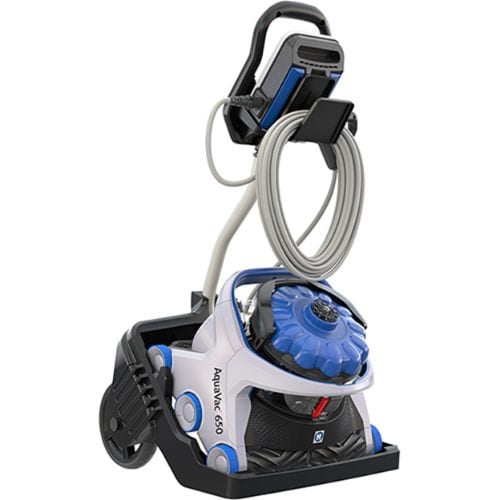 Studio product view of a Hayward AquaVac 650 robotic pool cleaner mounted on its storage caddy cart with power supply, coiled cord, and distinctive blue hydrocyclonic filter cannister.