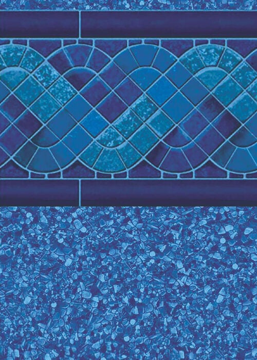 Close-up view of a vinyl pool liner pattern featuring a border with an interwoven wave or lattice mosaic tile design in shades of blue, set above a dense, speckled blue pebble floor texture.