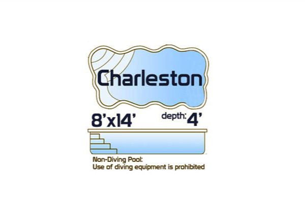 Charleston non-diving fiberglass natural-style pool measuring 8' x 14' with a 4-foot depth, shown with a top-down layout and side profile.