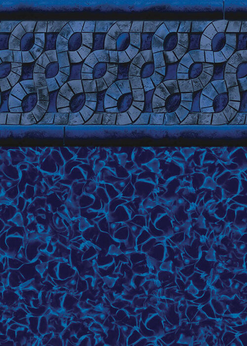 Close-up view of a vinyl pool liner pattern featuring a border with interlocking stone-like braided ribbons in dark slate blue, set above a floor pattern of swirling, deep indigo water reflections.