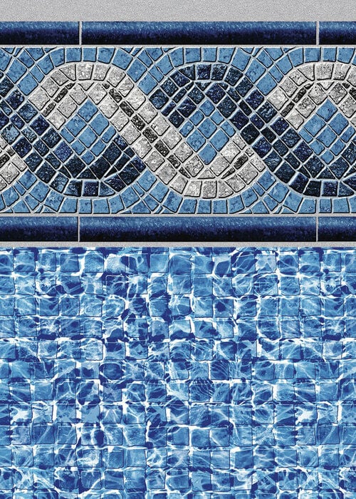 Close-up view of a vinyl pool liner pattern featuring a border with interlocking mosaic ribbon waves in silver-grey and cobalt blue, set above a wall of square blue mosaic tiles overlaid with water-reflection highlights.
