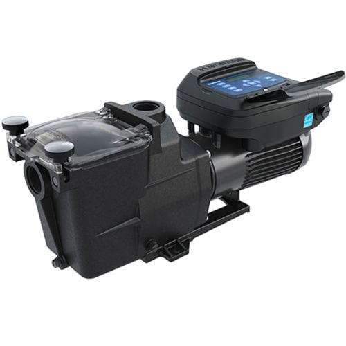 Studio product view of a black Hayward Super Pump VS 700 variable-speed pool pump featuring a clear strainer basket cover and top-mounted digital control interface.