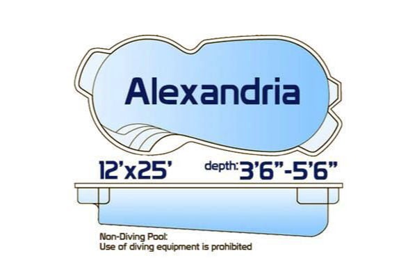 Alexandria non-diving fiberglass freeform pool measuring 12' x 25' with a depth ranging from 3'6" to 5'6", shown with a top-down layout and side profile.