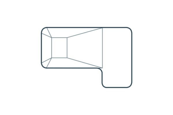 Diagram of the Full-L shaped steel wall vinyl liner pool featuring a right-angle corner layout with a shallow-end extension arm and a deep hopper section, alongside size options including 16x36x24, 16x38x24, 18x40x30, and 20x44x32 feet.