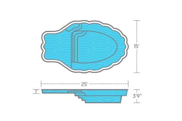 Top-down and side cross-section schematic diagram of a scallop-edged fiberglass pool shaped like an open clam shell with integrated entry steps and a flat shallow depth profile.
