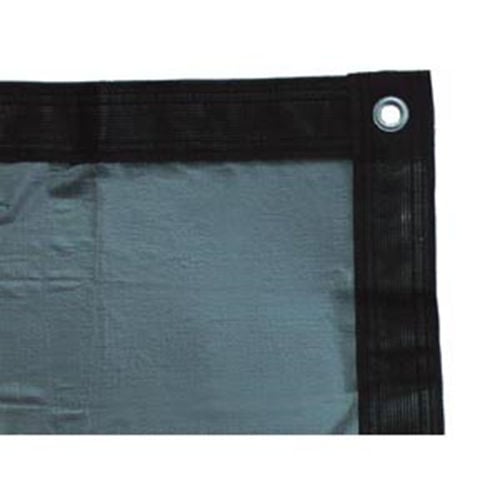 Close-up view of a Coverlon above ground winter pool cover featuring reinforced black stitched webbing along the border and a corner metal grommet.