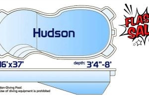 Hudson non-diving fiberglass freeform pool measuring 16' x 37' with a depth ranging from 3'4" to 8', shown with a top-down layout and side profile.
