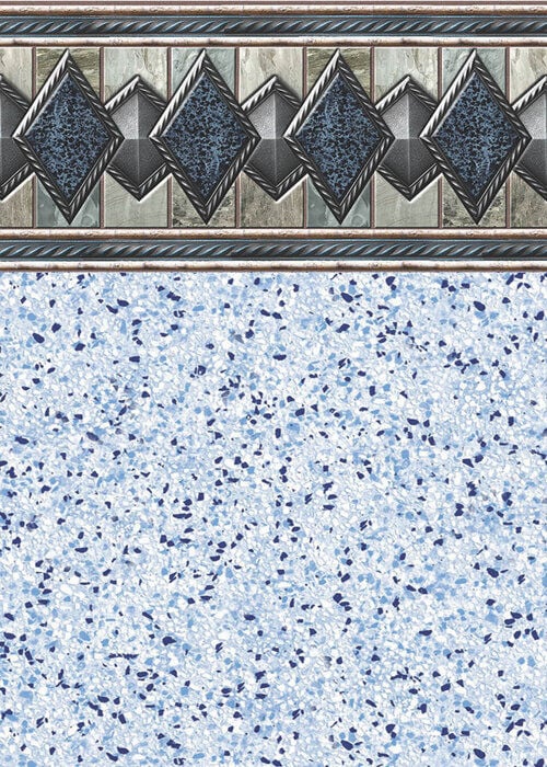 Close-up view of a vinyl pool liner pattern featuring a border of alternating granite-textured diamond medallions and stone accents framed by rope trim, set above a floor of light blue terrazzo-style speckles.