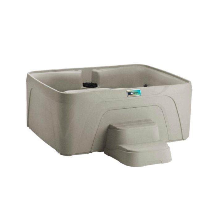 Studio shot of a Sand-colored Fantasy Spas Enamor hot tub featuring a digital control panel, molded-in ice bucket lid, and matching two-tier access steps.