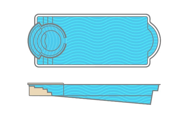 Architectural design schematic and side elevation profile of the Thursday Pools Cortona rectangular fiberglass pool featuring an integrated elevated round spa with a spillover, measuring 16 feet wide by 40 feet long with a 6-foot maximum depth.