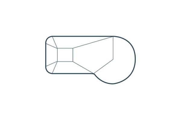 Top-down schematic diagram of a Rivera steel wall vinyl liner pool featuring a rectangular body with rounded corners that opens up into an offset, curved deep-end swim area, with floor transition slope lines leading to a deep hopper.