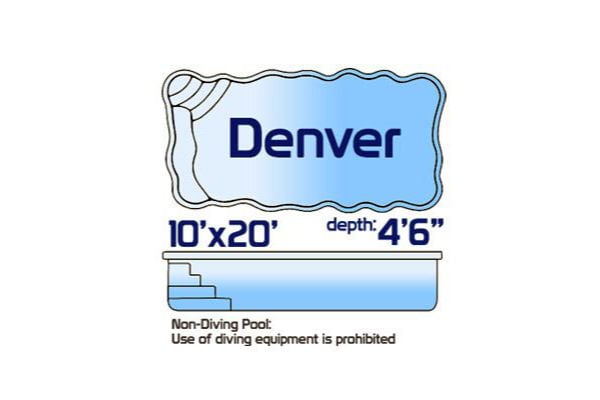 Denver non-diving fiberglass natural-style pool measuring 10' x 20' with a 4'6" depth, shown with a top-down layout and side profile.