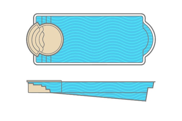 Architectural design schematic and side elevation profile of the Thursday Pools Cortona Basic rectangular fiberglass pool with a sunken living area cutout, measuring 16 feet wide by 40 feet long with a 6-foot maximum depth.