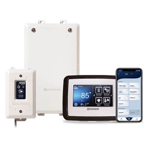 Studio product view of the Hayward OmniHub smart pool control system components including central wiring unit, touchscreen display pad, wireless antenna, and a smartphone showing the mobile app.