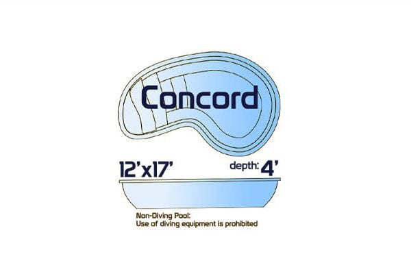 Concord non-diving fiberglass kidney-shaped pool measuring 12' x 17' with a depth of 4', shown with a top-down layout and side profile.