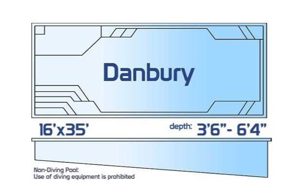 Danbury non-diving fiberglass rectangular pool measuring 16' x 35' with a depth ranging from 3'6" to 6'4", shown with a top-down layout and side profile.