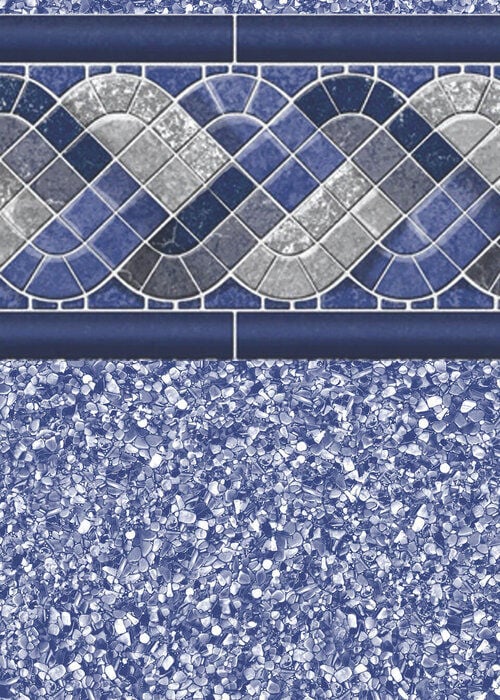 Close-up view of a vinyl pool liner pattern featuring a border with interlocking braided ribbon tiles in shades of navy blue and stone grey, set above a wall of fine, shimmering blue pebble mosaic tiles.