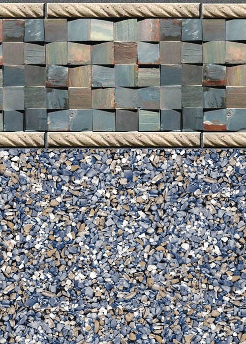 Close-up view of a vinyl pool liner pattern featuring a border of dimensional slate ledge tiles in grey, rust, and sage tones framed by rope trim, set above a floor of fine crushed stone chips in slate blue, beige, and white.