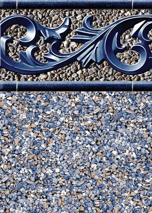 Close-up view of a vinyl pool liner pattern featuring an ornate dark blue scrollwork filigree border set against a tan pebble background, above a floor of fine crushed stone chips in slate blue, beige, and white tones.