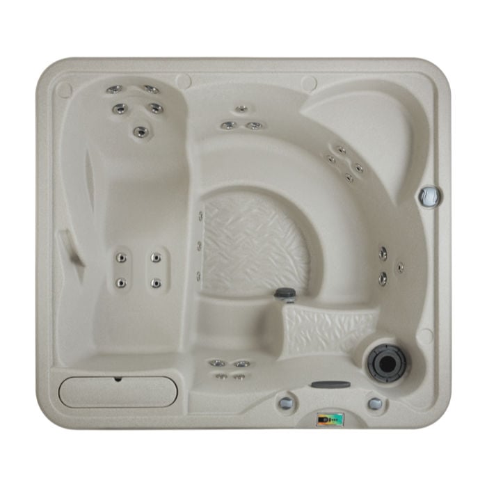 Direct top-down view of the Sand-colored Fantasy Spas Entice hot tub, showcasing its deep lounger, open bench seating, molded-in ice bucket, and hydrotherapy jets.