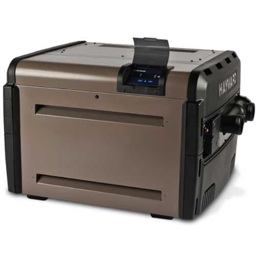 Hayward Universal H-Series Low NOx natural gas and propane pool heaters available in 150,000 to 500,000 BTU models, providing fast, energy-efficient heating for residential swimming pools.
