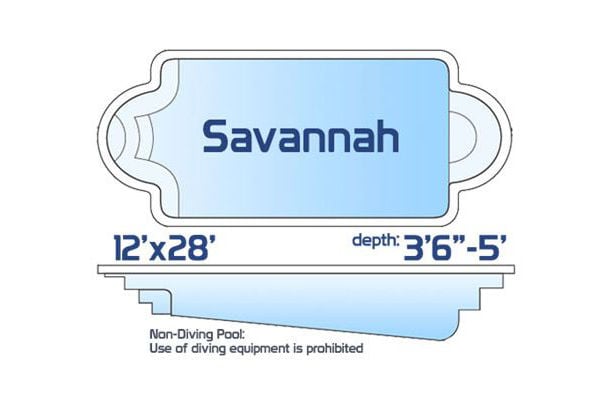 Savannah non-diving fiberglass classic pool measuring 12' x 28' with a depth ranging from 3'6" to 5', shown with a top-down layout and side profile.