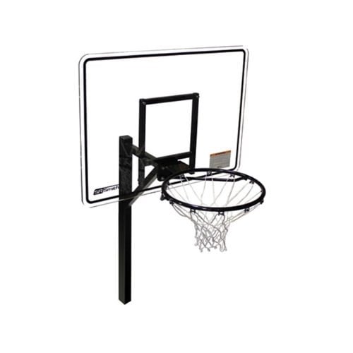 Studio product view of an in-ground poolside basketball hoop featuring a clear acrylic backboard, black mounting frame, and white net set against a plain white background.