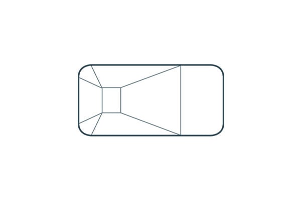Top-down schematic diagram of a rectangular steel wall vinyl liner pool featuring square corners designed for 6-inch radius corners and floor transition slope lines leading to a deep hopper.