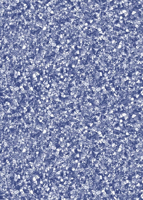 Close-up view of a vinyl pool liner pattern featuring a dense aggregate of fine crushed stone pebbles in shades of periwinkle blue, cobalt, and shimmering white.