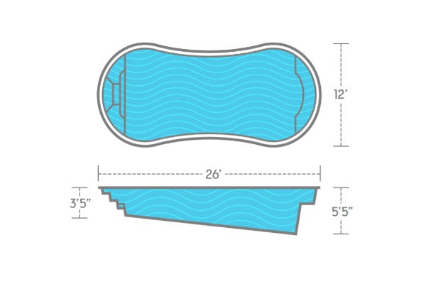 Architectural design schematic and side elevation profile of the Thursday Pools Titus curved fiberglass pool measuring 12 feet wide by 26 feet long with a max depth of 5 feet 5 inches.