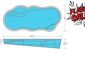 Top-down and side cross-section schematic diagram of the Thursday Pools Sun Day freeform fiberglass pool featuring integrated entry steps, bench seating, deep-end swim-out bench, and a 16' x 34.5' footprint with a 5'8" maximum depth.