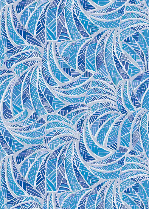 Close-up view of a vinyl pool liner pattern featuring a stylized fan or wave mosaic design with linear cross-hatching in varying shades of blue and periwinkle outlined in light grey grout lines.