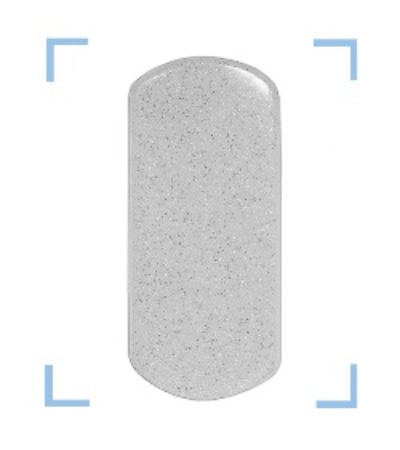 Close-up view of a sparkling light grey color swatch, featuring a fine, glittering speckled texture that reflects light, framed by light-blue crop marks.