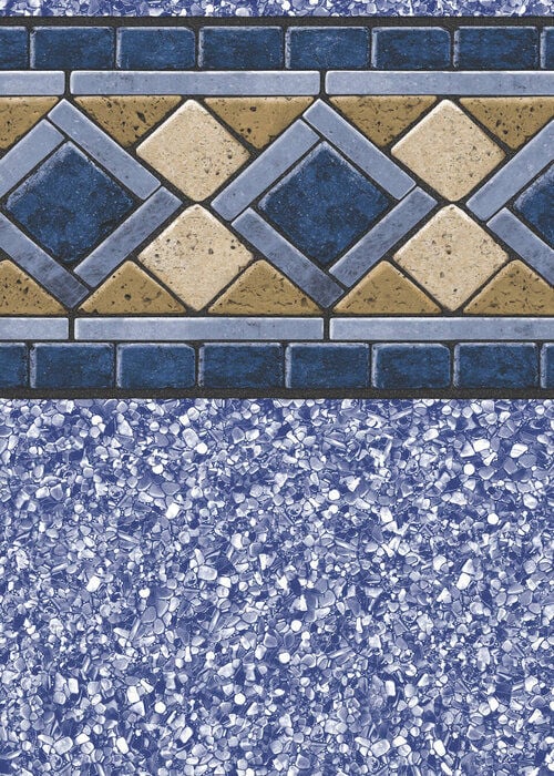 Close-up view of a vinyl pool liner pattern featuring a geometric border of alternating blue and tan diamond tiles along the top, above a wall of fine, shimmering blue pebble mosaic tiles.