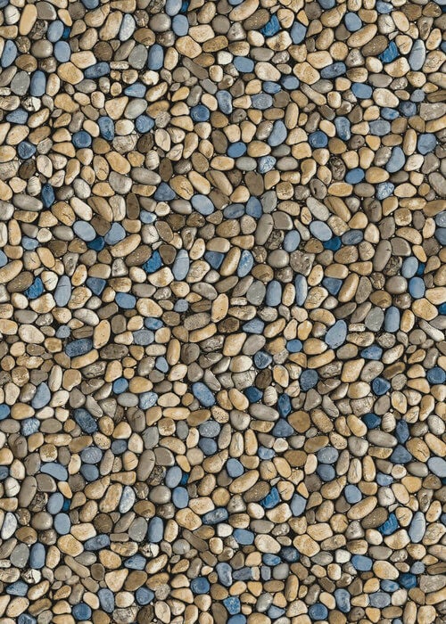 Close-up view of a vinyl pool liner pattern featuring a natural river pebble design with smooth, rounded stones in tan, grey, and vibrant blue shades.