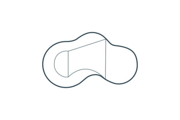 Top-down schematic diagram of a Hump Back Kidney steel wall vinyl liner pool showing a rear arch wall, smooth front indentation, shallow-end step alcove, and floor transition slope leading to a deep hopper.