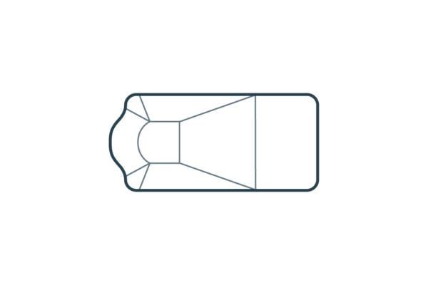 Top-down schematic diagram of a Patrician steel wall vinyl liner pool featuring a rectangular body with an arched shallow end, integrated step alcove, and floor transition slope lines.
