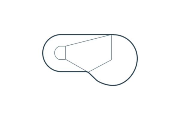 Top-down schematic diagram of a Mayan steel wall vinyl liner pool showing a straight-sided shallow end with a rounded edge that expands into a wider, rounded deep end, featuring a shallow-end step alcove and floor transition slope lines.